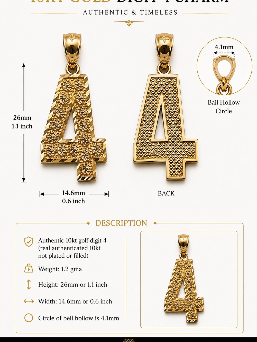 10kt Gold Number 4 Pendant Necklace - Gold Digit 4 Charm